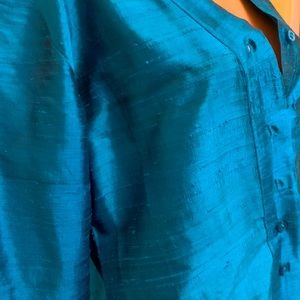Silk dress greenish blue.  Buttons down the front